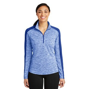 EMBROIDERED-Sport-Tek® Ladies' PosiCharge® Electric Heather Colorblock 1/4-Zip Pullover Sweatshirt