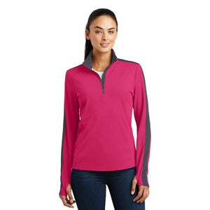 EMBROIDERED-Sport-Tek® Ladies' Sport-Wick® Textured Colorblock 1/4-Zip Pullover Sweatshirt