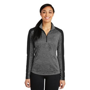 EMBROIDERED-Sport-Tek® Ladies' PosiCharge® Electric Heather Colorblock 1/4-Zip Pullover Sweatshirt