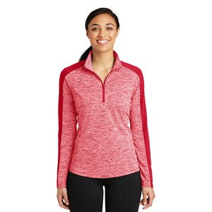 EMBROIDERED-Sport-Tek® Ladies' PosiCharge® Electric Heather Colorblock 1/4-Zip Pullover Sweatshirt