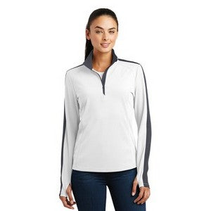 EMBROIDERED-Sport-Tek® Ladies' Sport-Wick® Textured Colorblock 1/4-Zip Pullover Sweatshirt