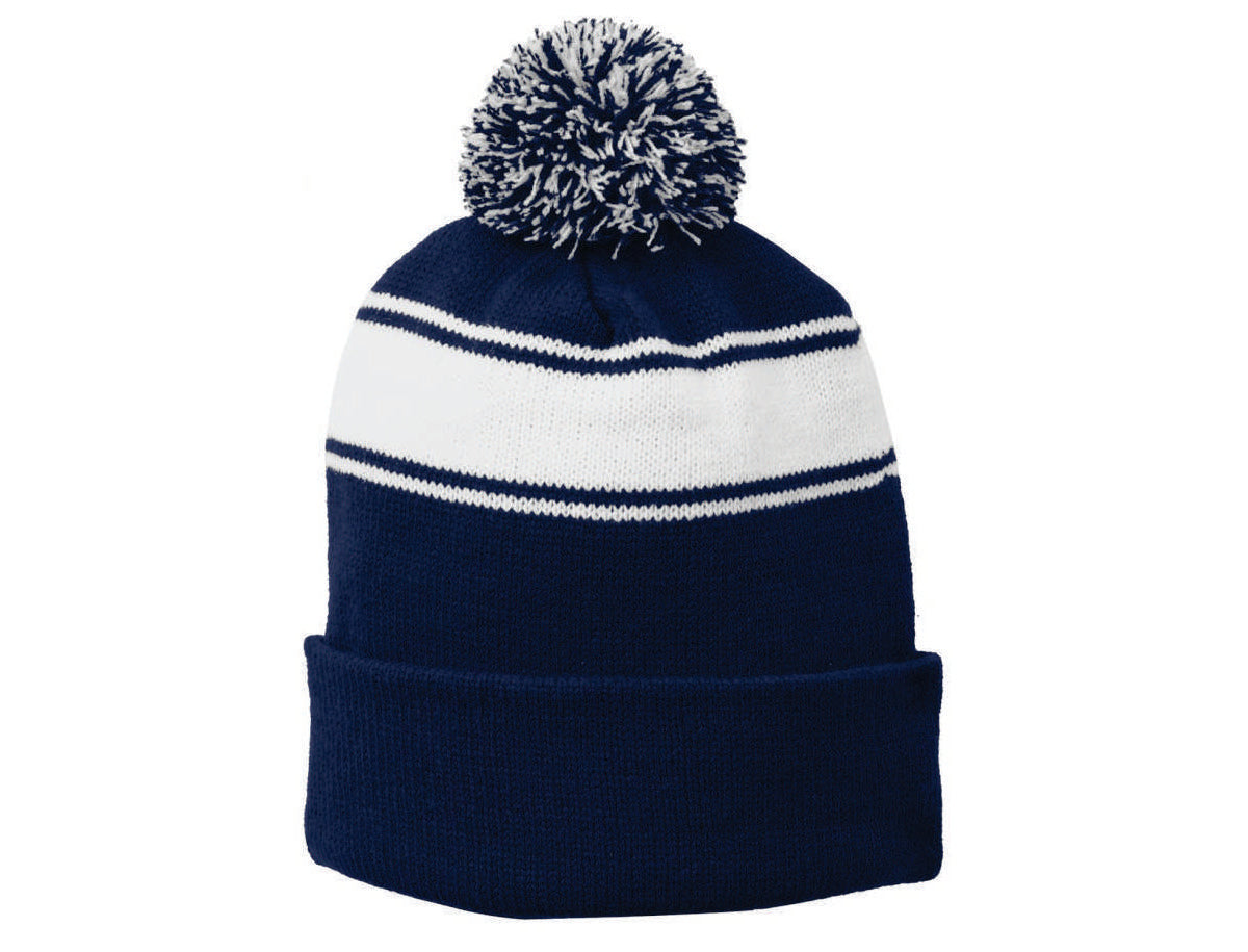 EMBROIDERED - STC28 - Sport-Tek® Stripe Pom Pom Beanie